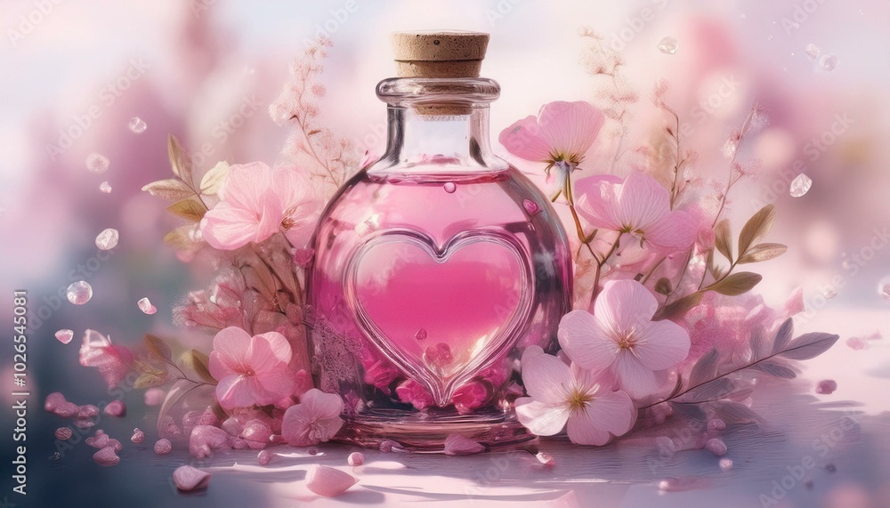 A tiny vial of pink love potion, heart-shaped bubbles rising from the top, with delicate flo A tiny vial of pink love potion, heart-shaped bubbles rising from the top, with delicate flo