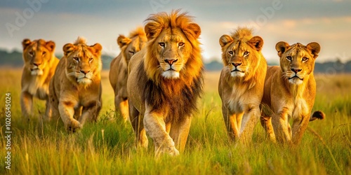 Majestic Lions in a Pack Roaming the Savannah, Showcasing Their Strength, Unity, and Natural Beauty in the Wild