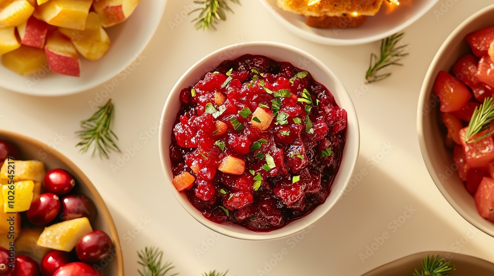 Delicious cranberry sauce in a bowl surrounded by fresh fruit garnishes on a light background. Delicious cranberry sauce in a bowl surrounded by fresh fruit garnishes on a light background.