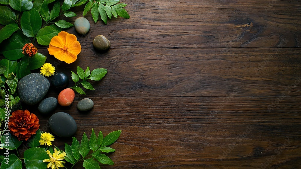 A beautiful arrangement of colorful flowers and smooth stones on a wooden surface, creating a natural, serene aesthetic. A beautiful arrangement of colorful flowers and smooth stones on a wooden surface, creating a natural, serene aesthetic.