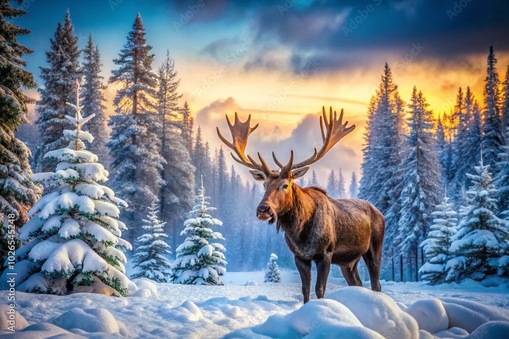 Majestic Moose in Snowy Landscape: A Beautiful Winter Scene Capturing Nature's Wildlife in Serene Winter Wonderland Majestic Moose in Snowy Landscape: A Beautiful Winter Scene Capturing Nature's Wildlife in Serene Winter Wonderland
