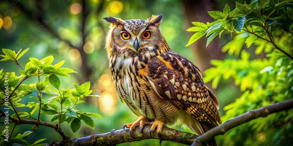 Obraz premium Majestic Owl Perched on a Tree Branch Surrounded by Lush Green Foliage in a Serene Natural Habitat