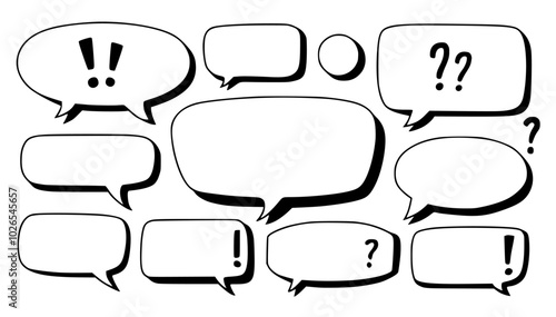 doodle speech or message bubbles set. cartoon chat bubbles with shadows for message, announcement, talk, asking, presentation etc use. vector eps silhouette illustration.