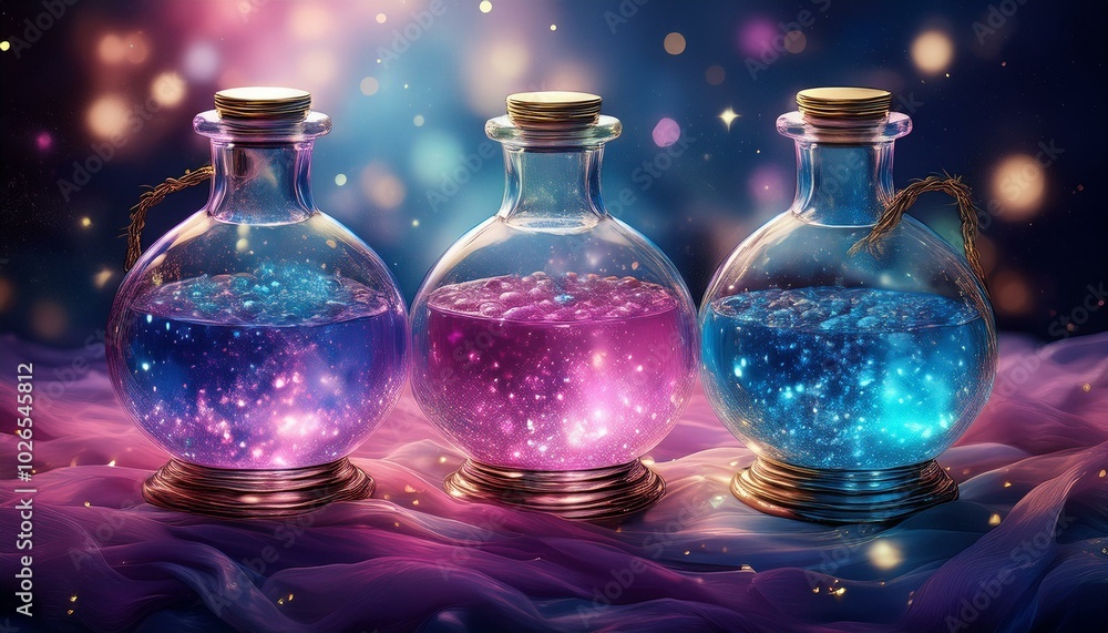 A whimsical set of three potions in delicate glass flasks, with pastel-colored liquids A whimsical set of three potions in delicate glass flasks, with pastel-colored liquids