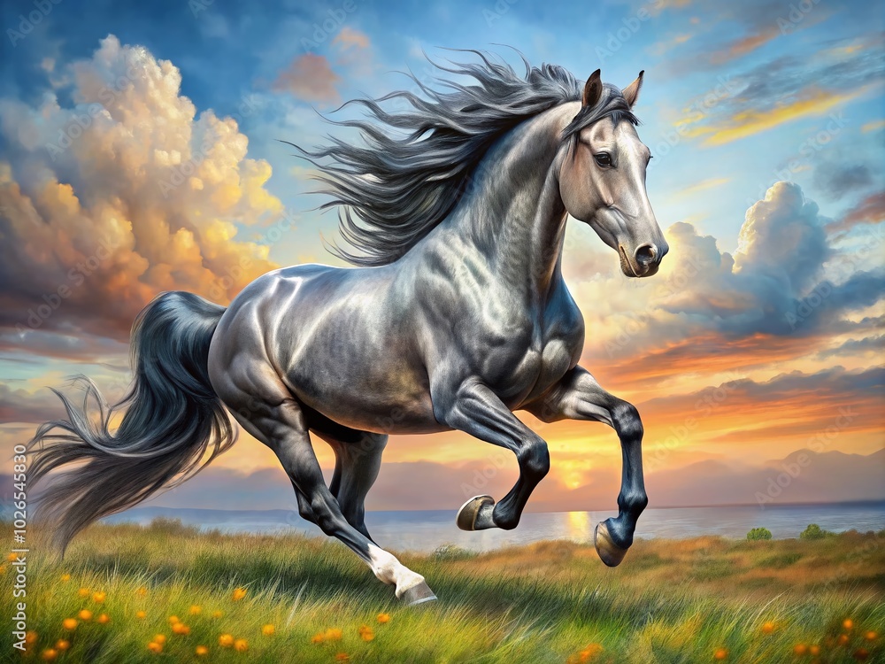 Obraz premium Majestic Silver Black Horse Galloping in a Serene Landscape Captivating Beauty of Nature and Equine Graceful Movement