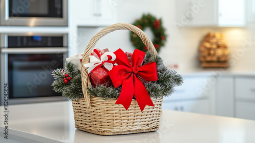 Festive gift basket with red ribbon on kitchen counter