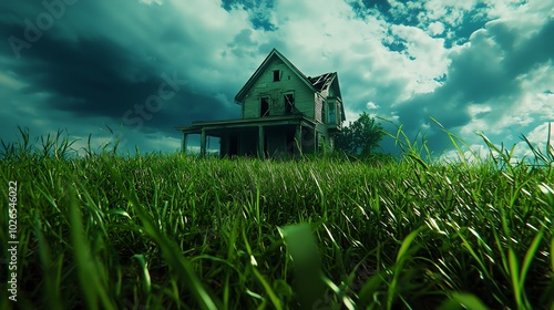 An old, decrepit house stands tall amidst overgrown grass under a moody sky, evoking feelings of nostalgia and mystery.