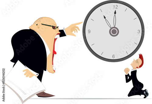 Angry boss and employee man. Time concept. Deadline.
Angry chief points to the clock and scolds an employee staying on the knees. Business time concept
