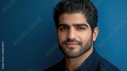 Portrait of a handsome young man with dark hair and a beard, looking directly at the camera with a confident smile.