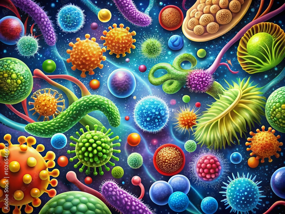 Microbiology Vector Illustrations for Scientific Research, DNA Structures, Microbial Life, and Bacterial Diversity Microbiology Vector Illustrations for Scientific Research, DNA Structures, Microbial Life, and Bacterial Diversity