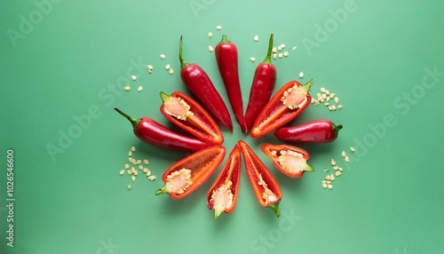 Cut red chili peppers placed symmetrically, with seeds gently falling from the cuts, on a ma photo