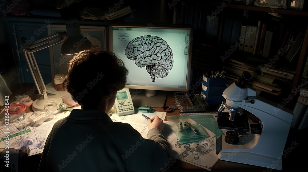 Scientist in lab coat analyzing brain scan on computer screen, surrounded by research papers and microscope, emphasizing focus on autism research and medical advancements. Scientist in lab coat analyzing brain scan on computer screen, surrounded by research papers and microscope, emphasizing focus on autism research and medical advancements.