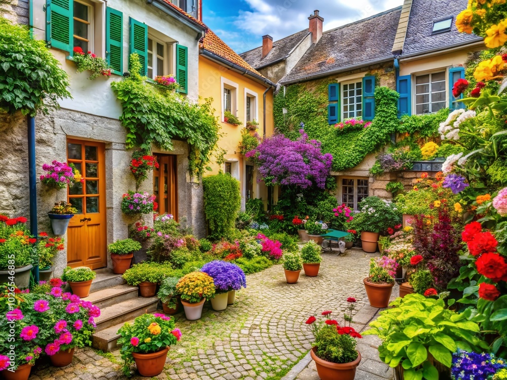 Blooming Garden in European Courtyard - Architectural Photography of Plants and Flowers Amidst Residential Homes Blooming Garden in European Courtyard - Architectural Photography of Plants and Flowers Amidst Residential Homes