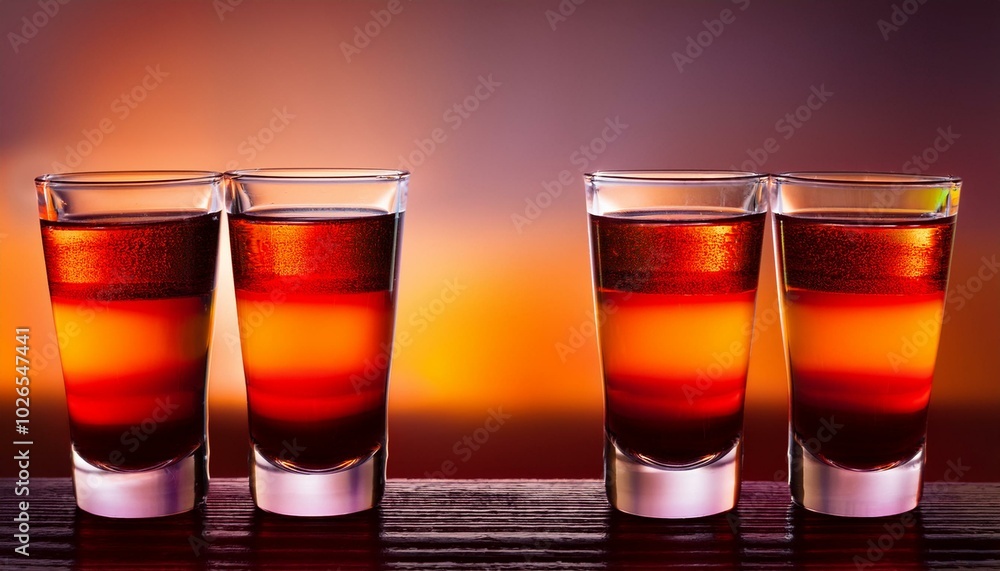 Side view of two Vodka Sunrise glasses, with the orange and red layers distinct and vibrant. Side view of two Vodka Sunrise glasses, with the orange and red layers distinct and vibrant.