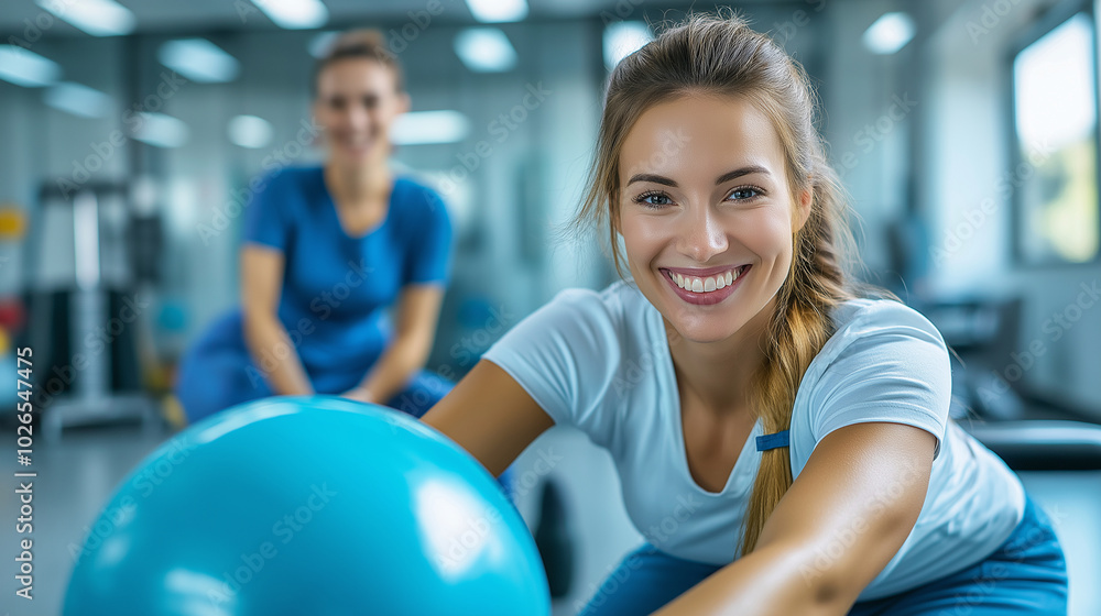 Fototapeta premium dynamic image of a smiling white physical therapist helping a happy client do physical exercises, conveying a sense of well-being and professionalism.A young woman undergoes rehabilitation and recover