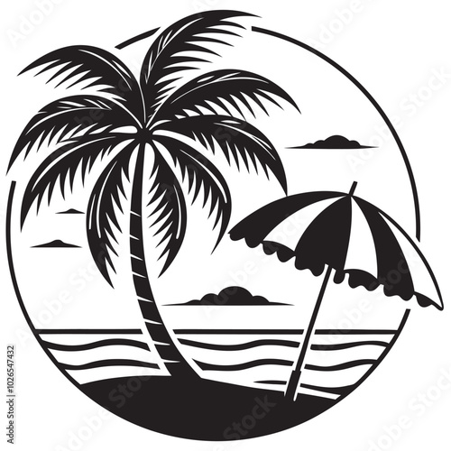 A beach scene with umbrella and coconut tree silhouette vector logo illustration on white background.