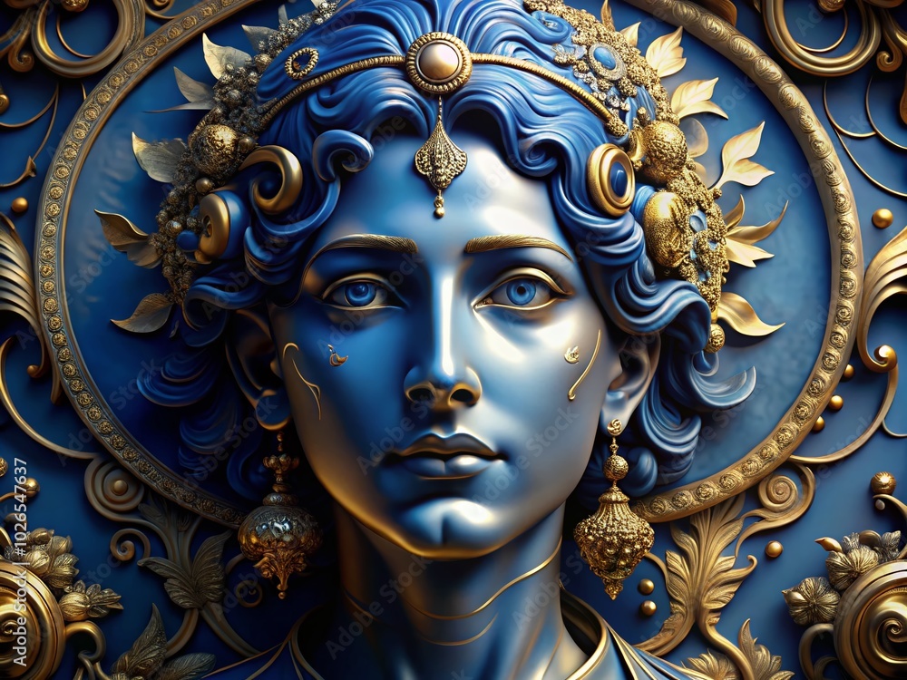 Fototapeta premium Blue Face Statue with Gold Accents - Artistic Sculpture for Modern Decor