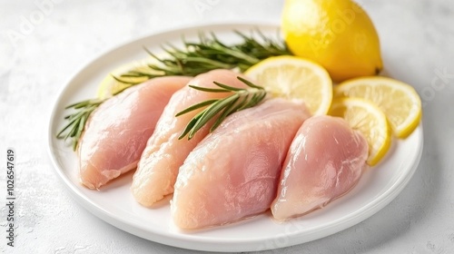 Fresh Chicken Breast with Lemon and Herbs on Plate