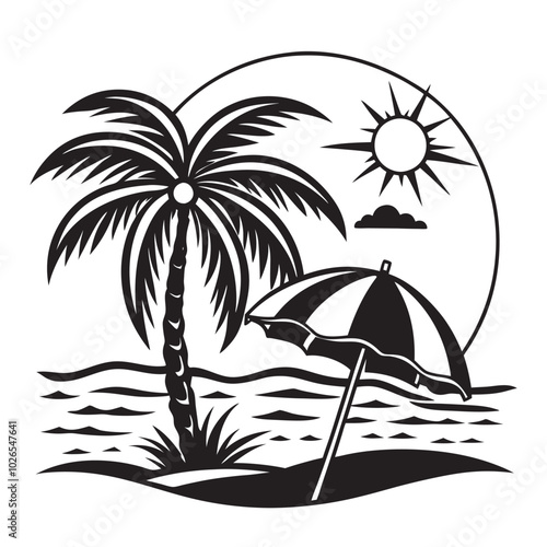 A beach scene with umbrella and coconut tree silhouette vector logo illustration on white background.