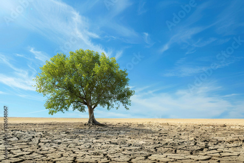 Lone tree thriving in arid cracked desert landscape under blue sky. Drought, motivation and desire to live despite everything, persistence and hard work concept