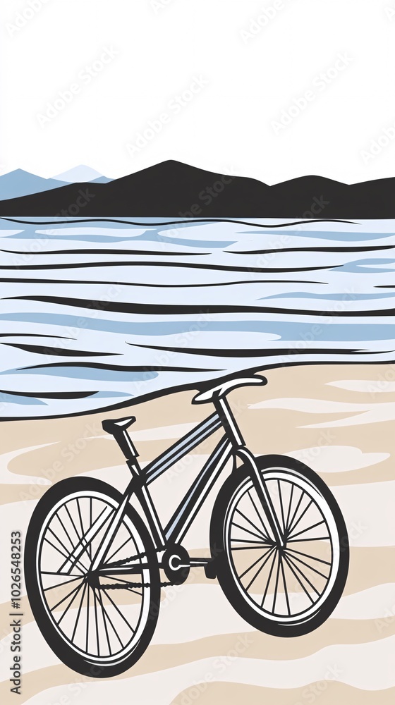 Fototapeta premium A bicycle on the beach with mountains in the background.