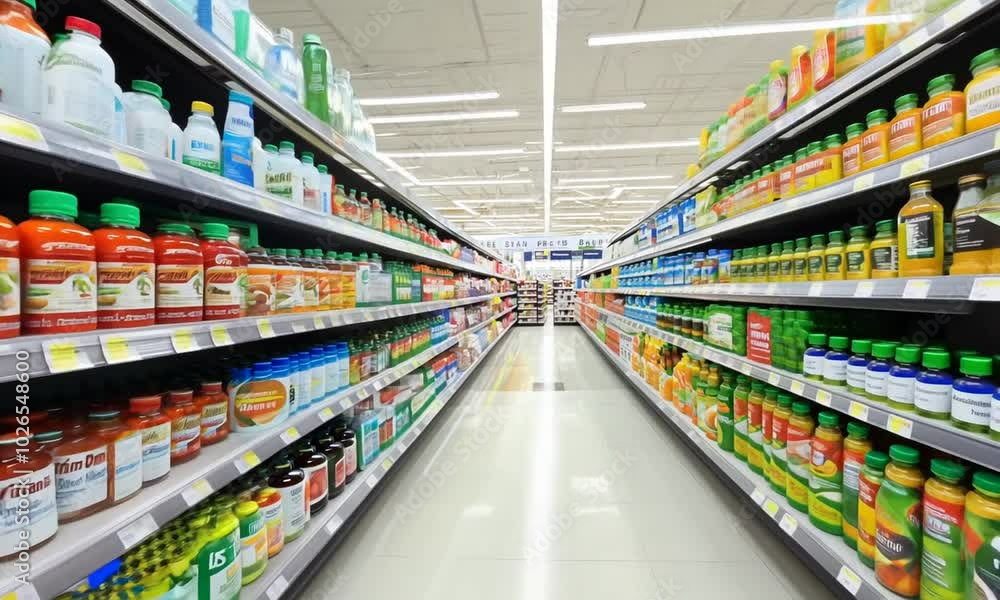 Various bottles of vitamins and health supplements are neatly arranged on shelves in a well-lit store, creating a colorful display. Various bottles of vitamins and health supplements are neatly arranged on shelves in a well-lit store, creating a colorful display.