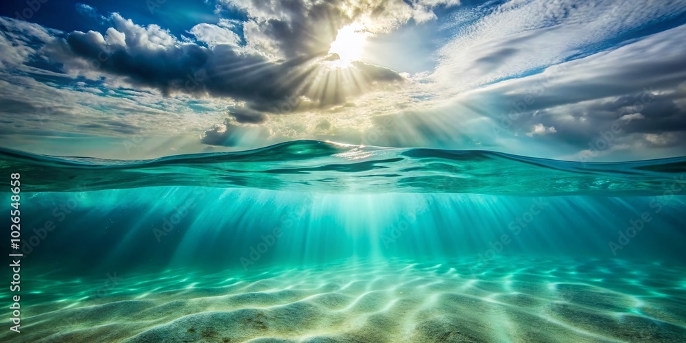 Obraz premium Blue Teal Deep Water Sea Ocean Long Exposure Background with Light Rays for Design Projects