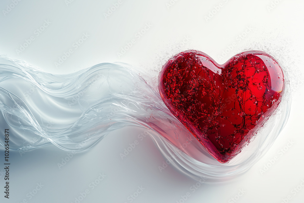 A red heart-shaped icon on a white background, surrounded by transparent glass waves. The heart is made of a glossy material with intricate details and smooth edges. It appears to A red heart-shaped icon on a white background, surrounded by transparent glass waves. The heart is made of a glossy material with intricate details and smooth edges. It appears to