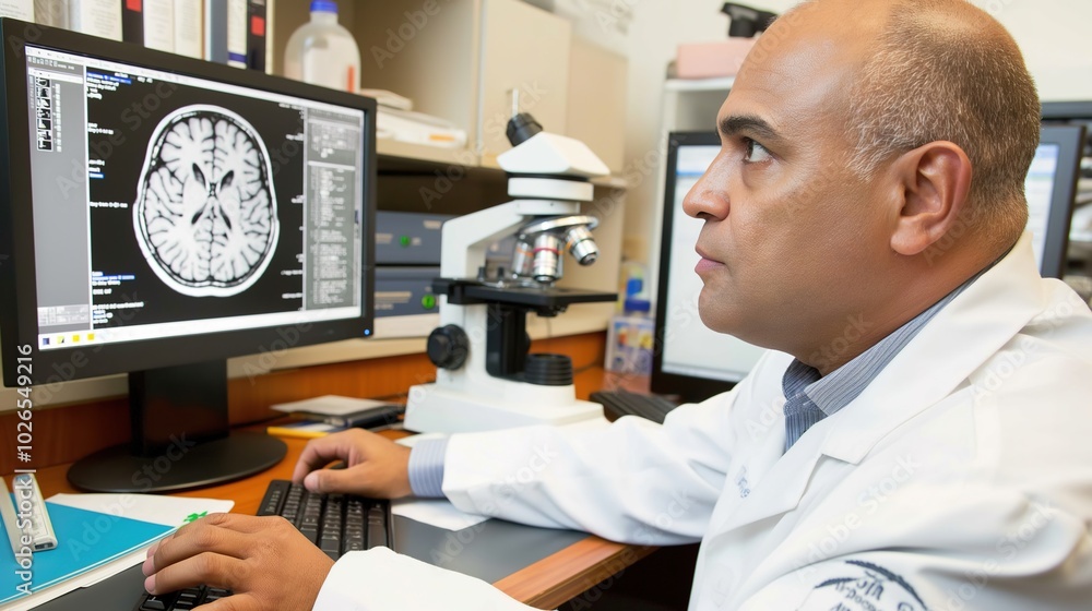 Scientist in lab coat analyzing brain scan on computer screen, surrounded by research papers and microscope, emphasizing focus on autism research and medical advancements. Scientist in lab coat analyzing brain scan on computer screen, surrounded by research papers and microscope, emphasizing focus on autism research and medical advancements.