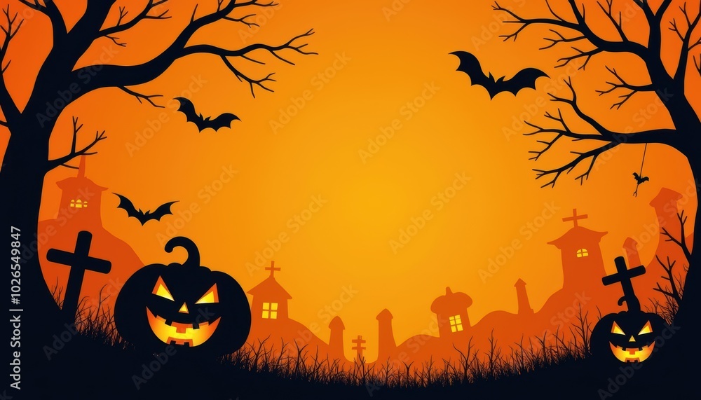 Pumpkin glows in Halloween greeting card, scary bat in sky. Autumn celebration with mystery house, eerie moon in night. Pumpkin glows in Halloween greeting card, scary bat in sky. Autumn celebration with mystery house, eerie moon in night.