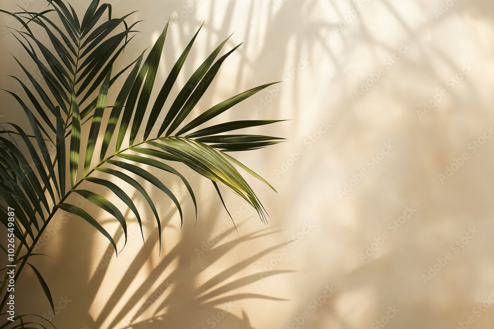 Minimalistic background features tropical leaves with subtle shadows, creating a clean and modern design. Copy space for text Minimalistic background features tropical leaves with subtle shadows, creating a clean and modern design. Copy space for text