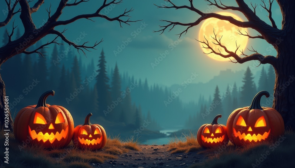 Halloween wallpaper with pumpkin in dark night, cobweb art. Spooky greeting card for October celebration, happy moon in sky. Halloween wallpaper with pumpkin in dark night, cobweb art. Spooky greeting card for October celebration, happy moon in sky.