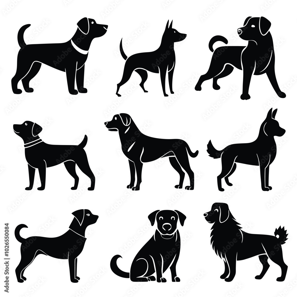Dog Icon Set, Vector Black Silhouettes in Flat Design, High Contrast on White Background Dog Icon Set, Vector Black Silhouettes in Flat Design, High Contrast on White Background