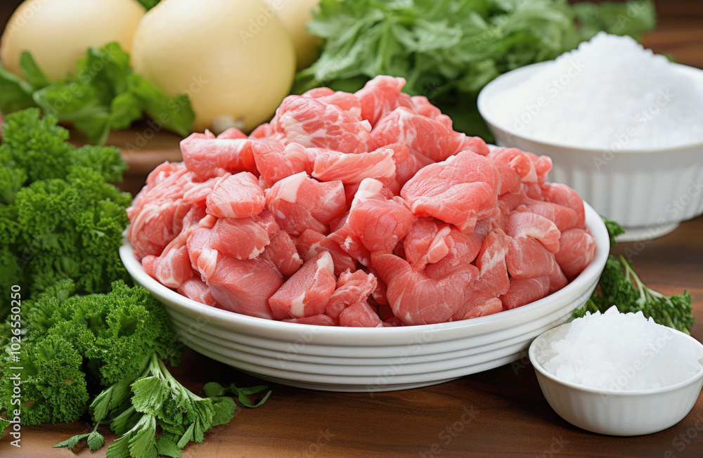 bowl filled with fresh diced raw meat, surrounded by parsley, vegetables, and a bowl of salt bowl filled with fresh diced raw meat, surrounded by parsley, vegetables, and a bowl of salt