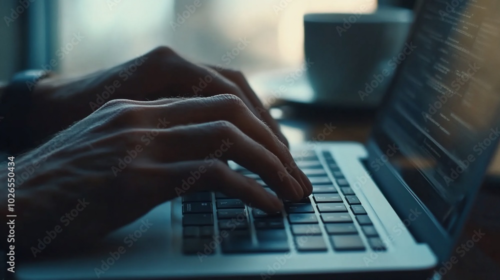 Close-up of hands typing on a laptop keyboard with a cup of coffee in the background. Close-up of hands typing on a laptop keyboard with a cup of coffee in the background.