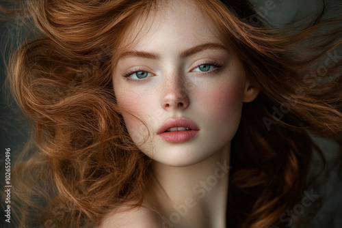 Woman with long red hair and blue eyes gazing at sunset over ocean, golden light illuminating her profile against the horizon.