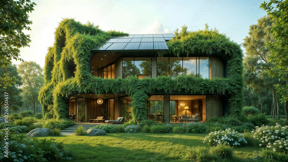 A modern, eco-friendly building integrated into nature, covered with green plants, with solar panels on the roof, surrounded by trees and natural light. A modern, eco-friendly building integrated into nature, covered with green plants, with solar panels on the roof, surrounded by trees and natural light.