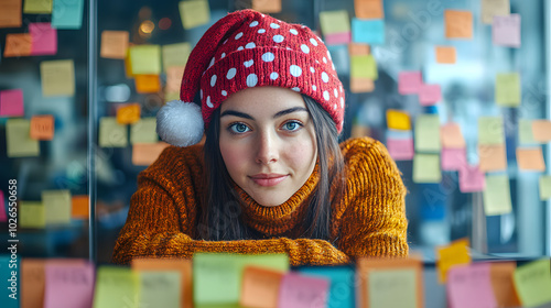 A Tired Female Worker in a Santa Hat, Surrounded by Colorful Notes, Confronting the Challenges of Startup Life photo