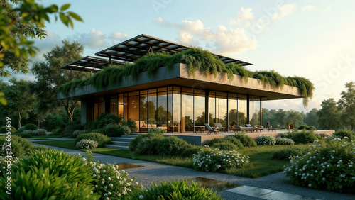 A modern, eco-friendly building integrated into nature, covered with green plants, with solar panels on the roof, surrounded by trees and natural light.