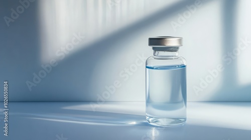 Intravenous potassium chloride solution in clear vial. Minimalist background with soft shadows