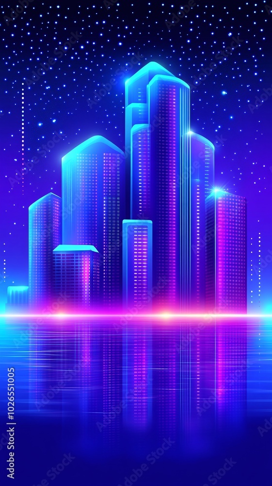 A glowing neon cityscape reflects in the water at night. A glowing neon cityscape reflects in the water at night.