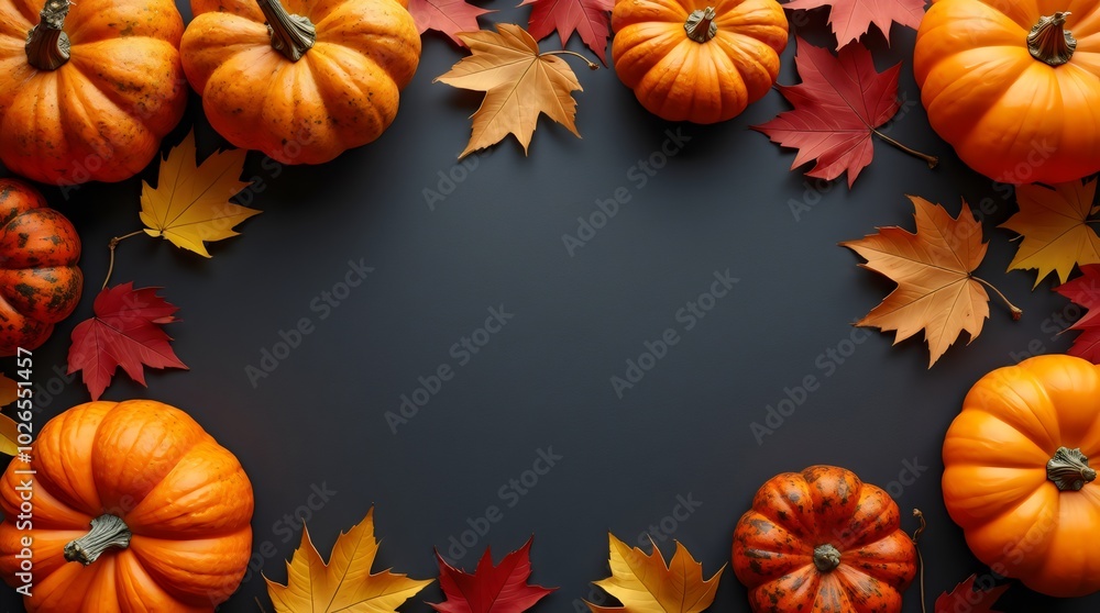 Thanksgiving and Autumn decoration concept made from autumn leaves and pumpkin on dark background. Flat lay, top view with copy space. Thanksgiving and Autumn decoration concept made from autumn leaves and pumpkin on dark background. Flat lay, top view with copy space.