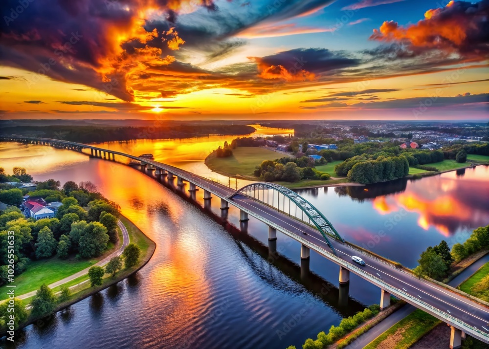 Fototapeta premium Breathtaking aerial shots capture a majestic bridge illuminated by a vibrant sunset, showcasing stunning colors and intricate details perfect for