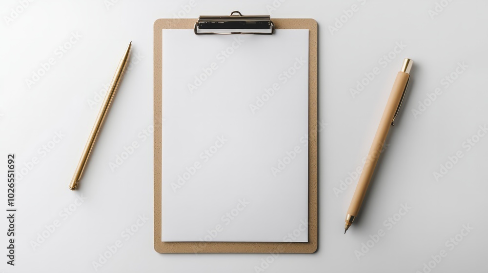 A blank medical clipboard with papers lying flat on a white table, minimalistic A blank medical clipboard with papers lying flat on a white table, minimalistic