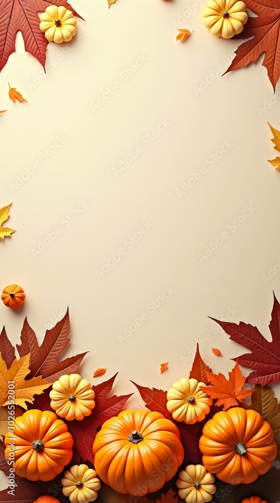 Autumn holiday background featuring pumpkins, colorful dried leaves, and fall decorations arranged at the bottom, leaving the top part empty. Flat lay, top view with copy space. Happy Thanksgiving, ha Autumn holiday background featuring pumpkins, colorful dried leaves, and fall decorations arranged at the bottom, leaving the top part empty. Flat lay, top view with copy space. Happy Thanksgiving, ha