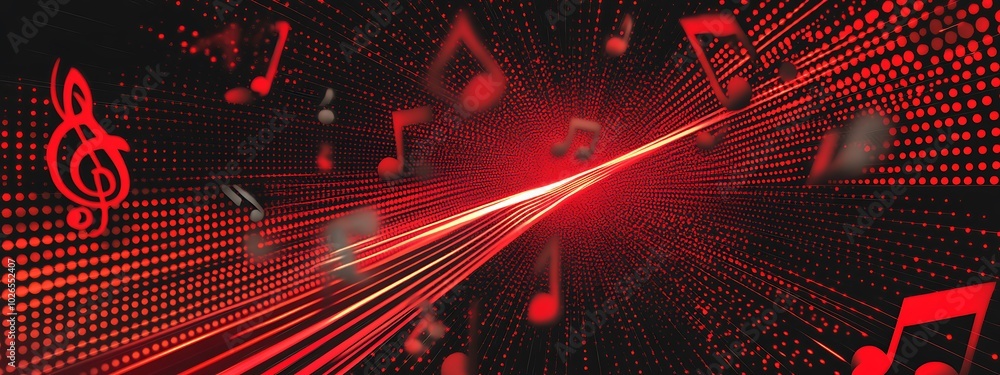 Abstract red background with musical notes and lights. Abstract red background with musical notes and lights.