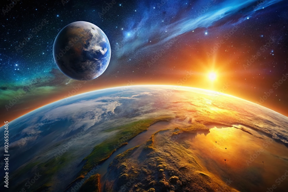 Fototapeta premium Breathtaking Earth sunrise captured in space, featuring a luminous moon. High depth of field showcases vibrant colors and stunning details of our