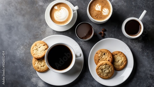 A cozy arrangement of coffee and cookies on a textured surface.