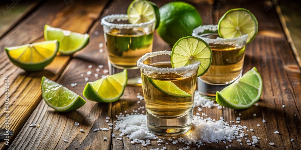 Refreshing shot of tequila served with lime and salt on a rustic wooden table, perfect for parties and Refreshing shot of tequila served with lime and salt on a rustic wooden table, perfect for parties and