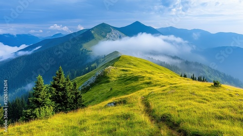 Misty Mountain Landscape with Lush Green Hills